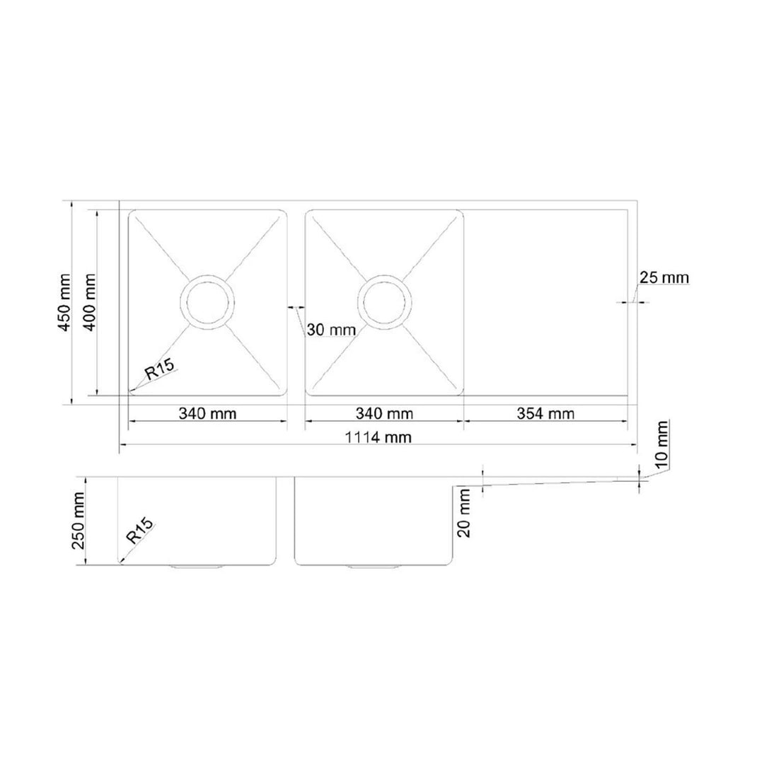 Atlas Double Bowl Stainless Steel Drainer Sink 1114x450x250mm
