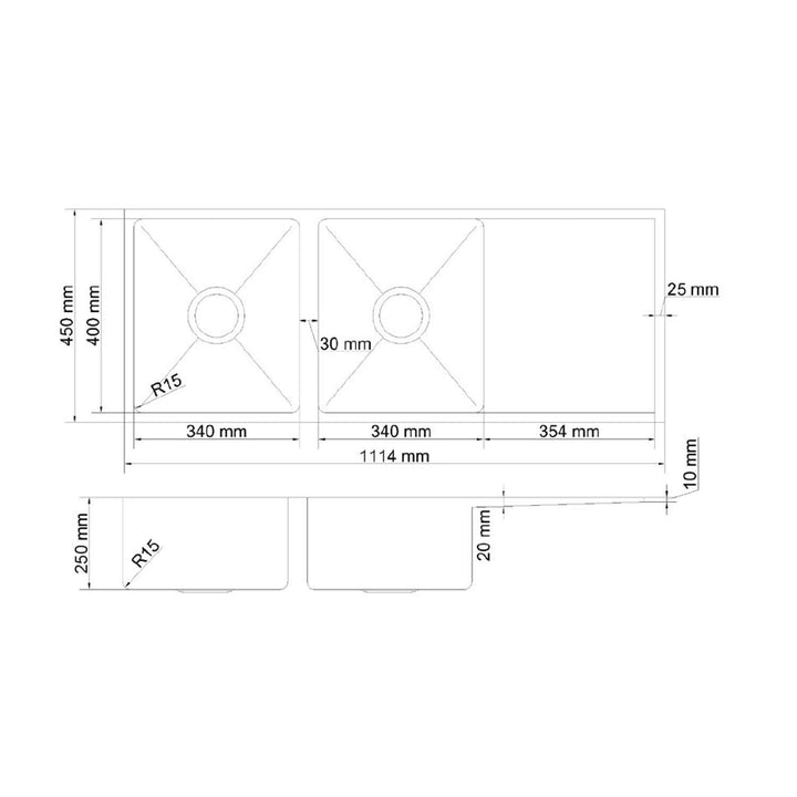 Atlas Double Bowl Stainless Steel Drainer Sink 1114x450x250mm