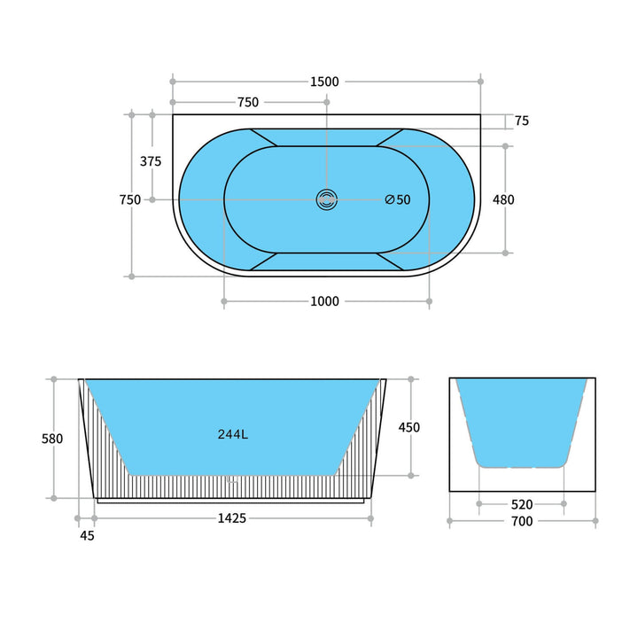 Bari Back to Wall Fluted Groove Freestanding Bathtub