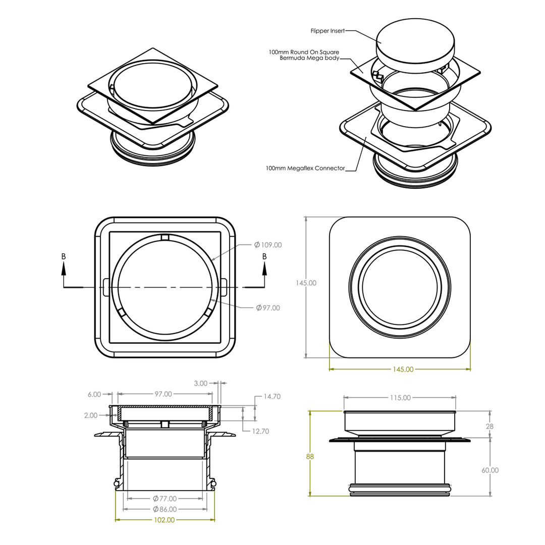 Bermuda Square Flipper Tile Insert Floor Waste 115mm