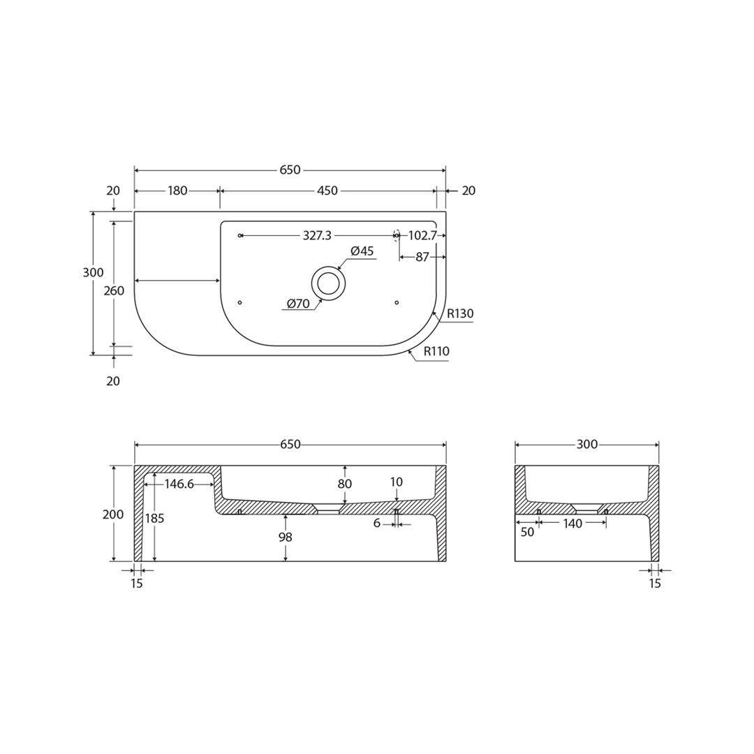 Blanca Concrete Wall Hung Basin 650x300mm