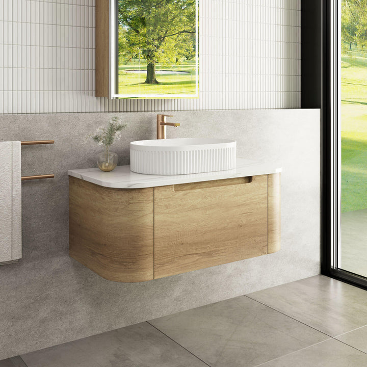 Carita Curved Timber Grain Wall Hung Vanity