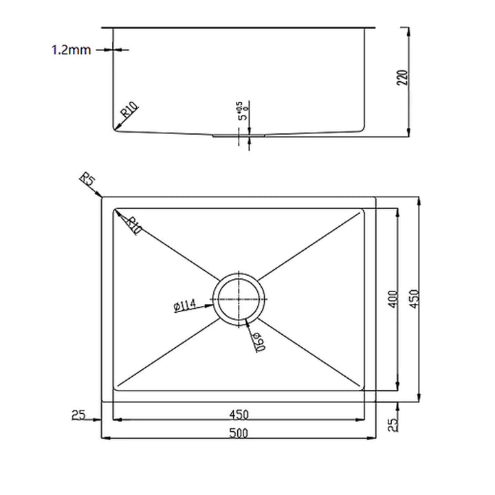 Juno Handcrafted Stainless Steel Sink 220mm Deep