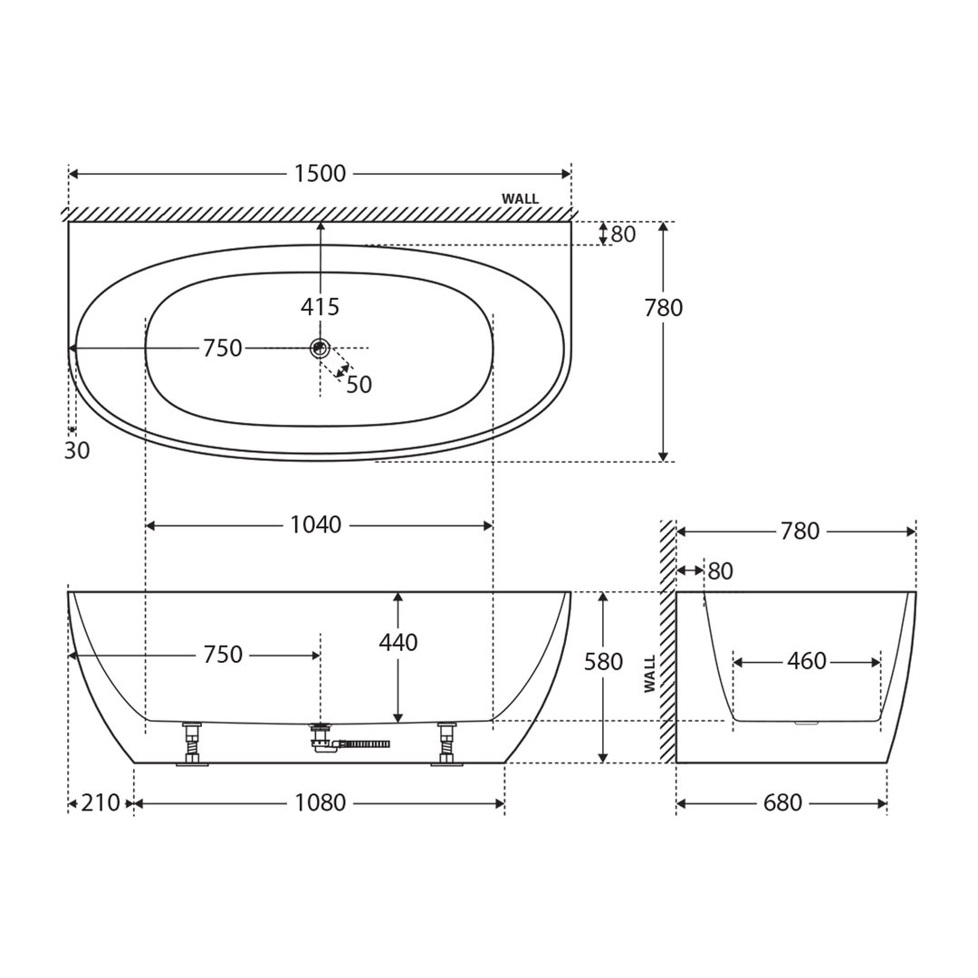 Keeto Back to Wall Bathtub Gloss White
