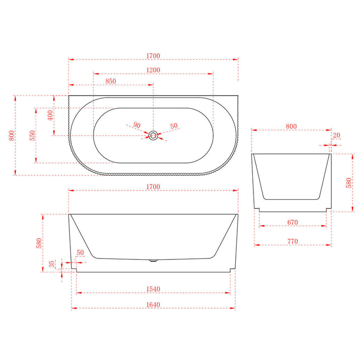 Kira Back-To-Wall Ribbed Freestanding Bathtub