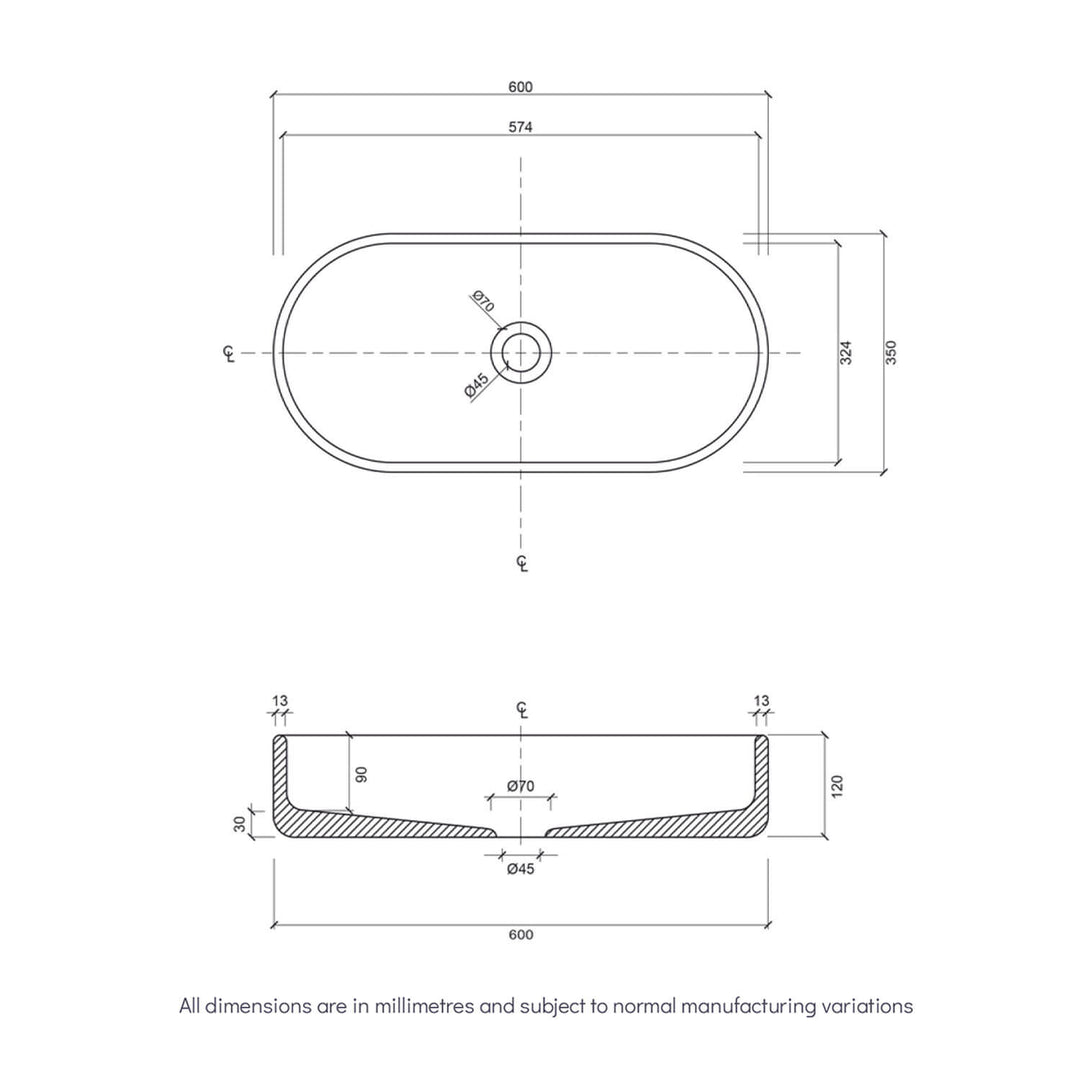 Fluted Pill Concrete Above Counter Basin 600mm