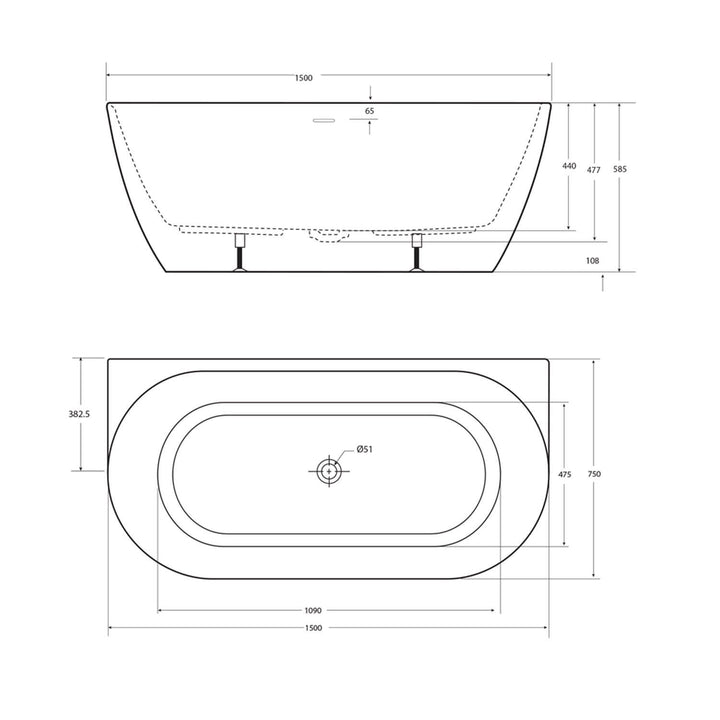 Positano Back to Wall Curved Bathtub 1660mm