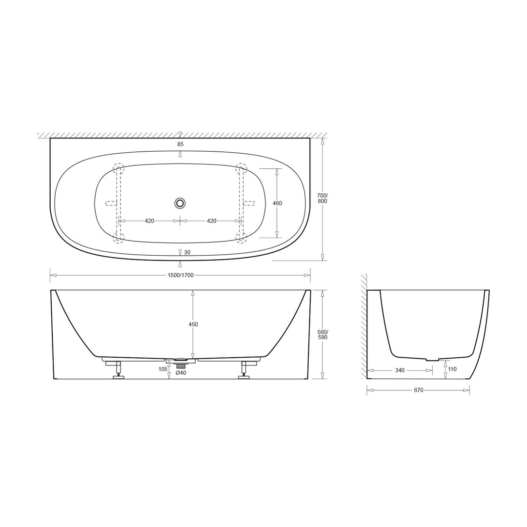 Venezia Overflow Back to Wall Acrylic Bathtub