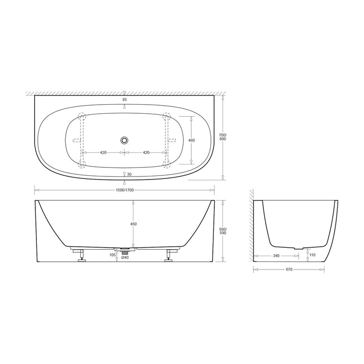 Venezia Overflow Back to Wall Acrylic Bathtub