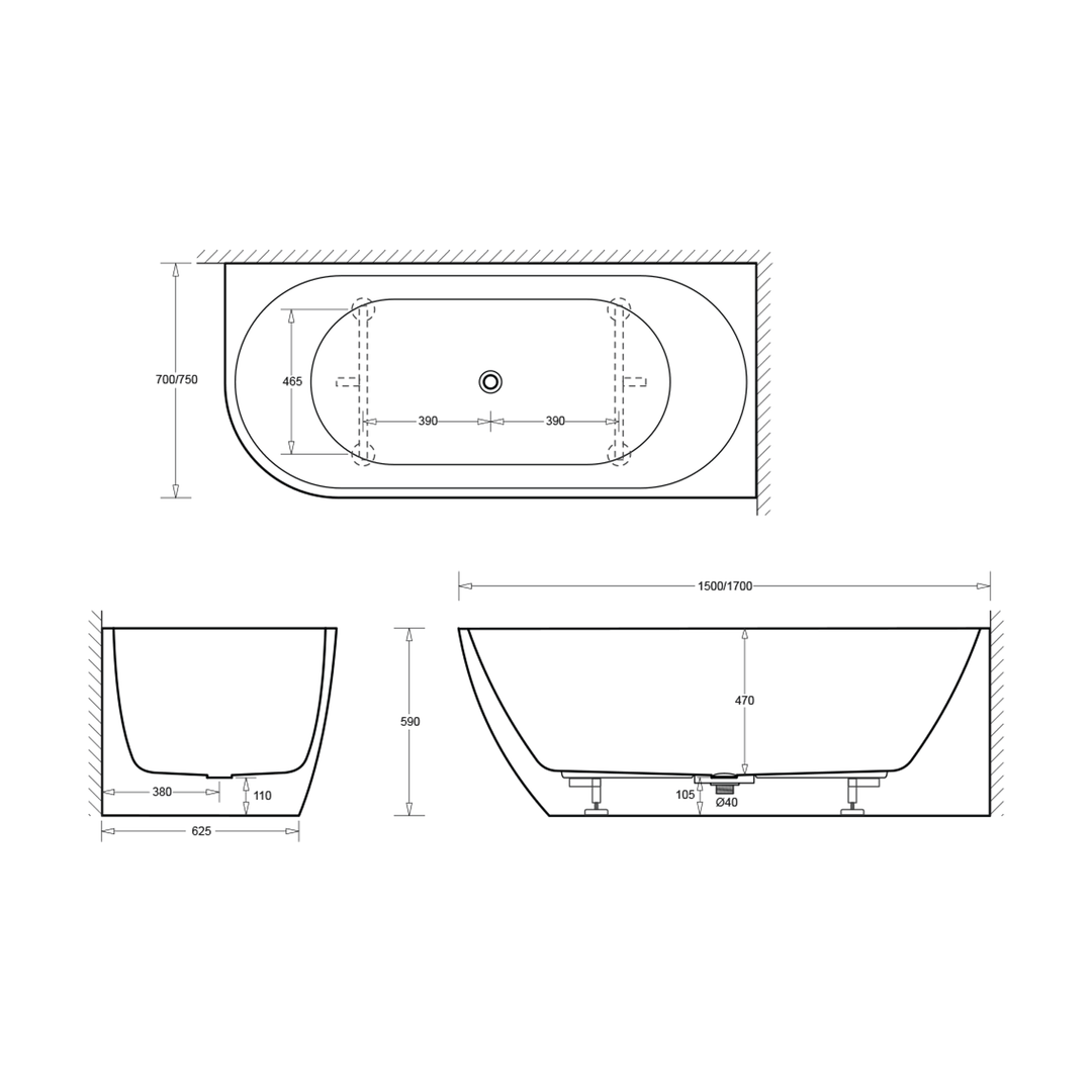 Venezia Overflow Corner Acrylic Bathtub