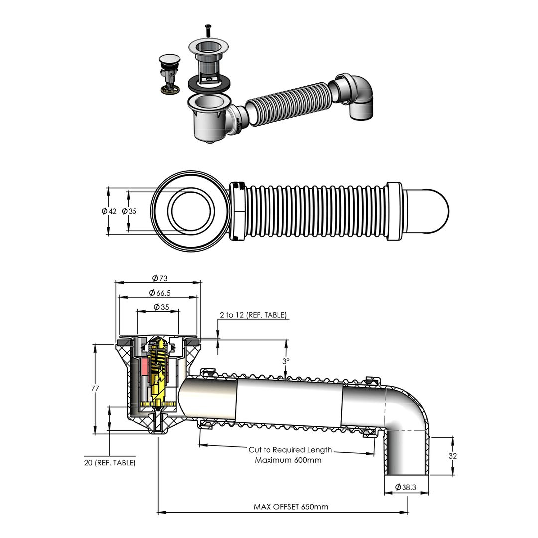 Pop Down Pull Out Bath Waste 40mm with Connector