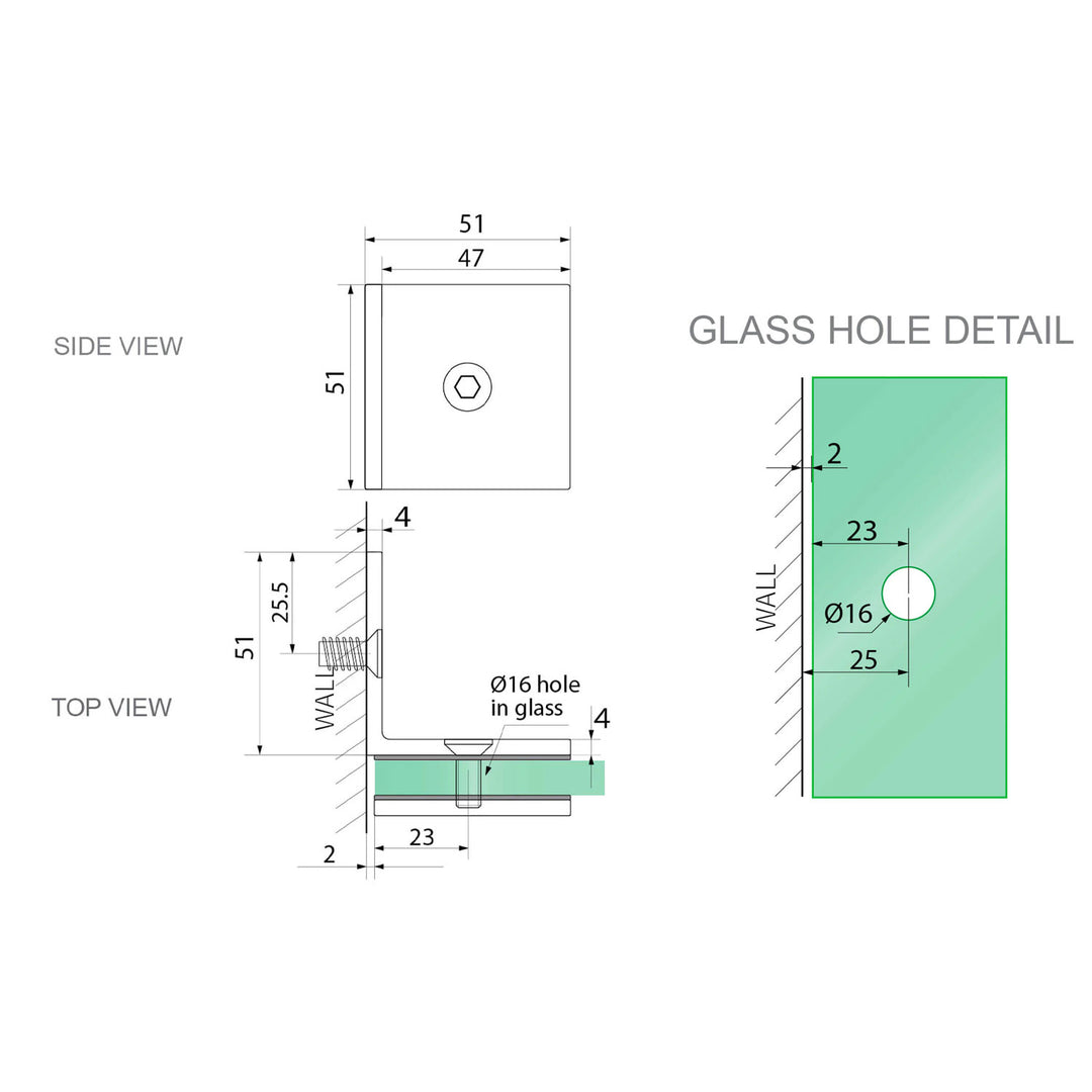 10mm Shower Screen Glass to Wall 90 Degree Offset Bracket