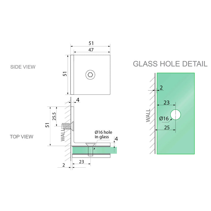 10mm Shower Screen Glass to Wall 90 Degree Offset Bracket