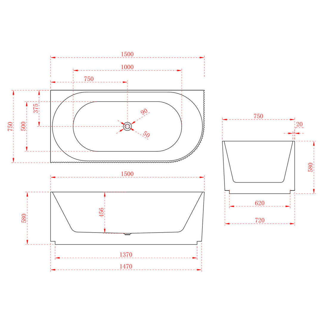 Anika Ribbed Corner Freestanding Bathtub 1500-1700mm