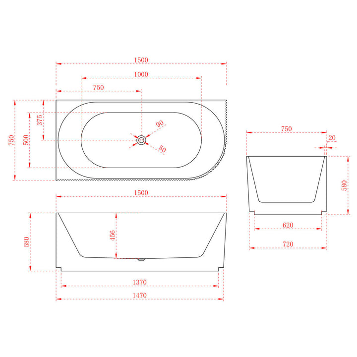 Anika Ribbed Corner Freestanding Bathtub 1500-1700mm