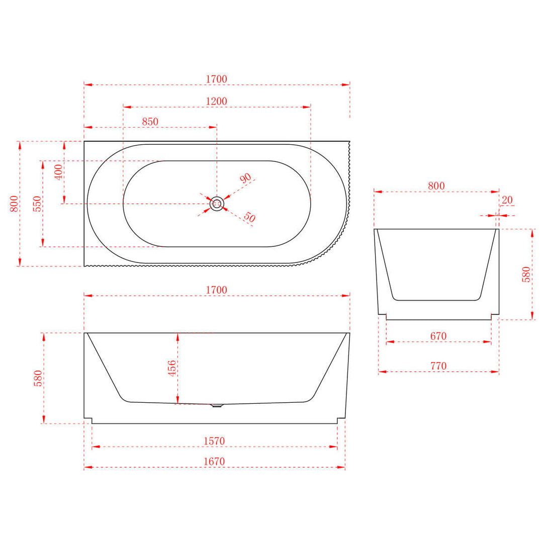 Anika Ribbed Corner Freestanding Bathtub 1500-1700mm