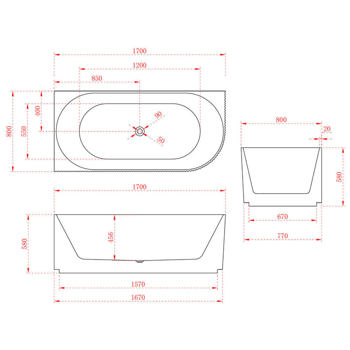 Anika Ribbed Corner Freestanding Bathtub 1500-1700mm