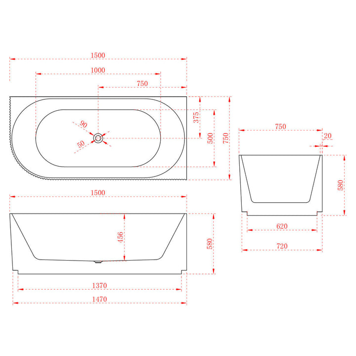 Anika Ribbed Corner Freestanding Bathtub 1500-1700mm