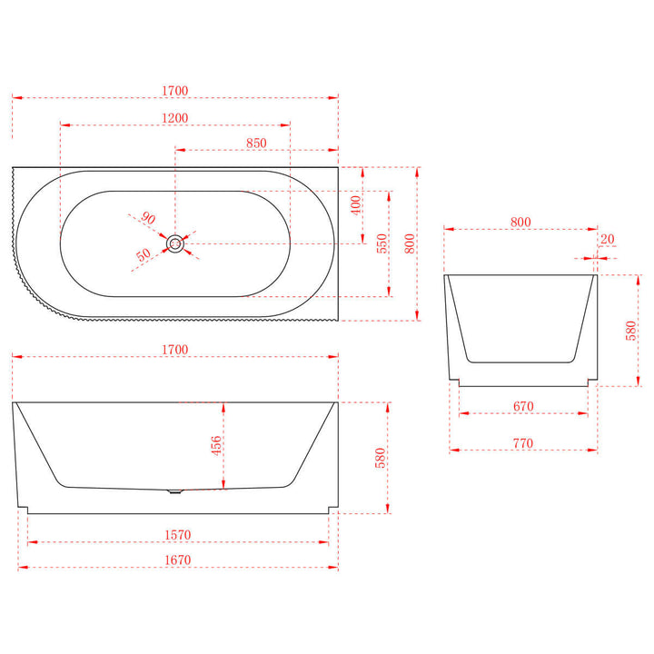 Anika Ribbed Corner Freestanding Bathtub 1500-1700mm