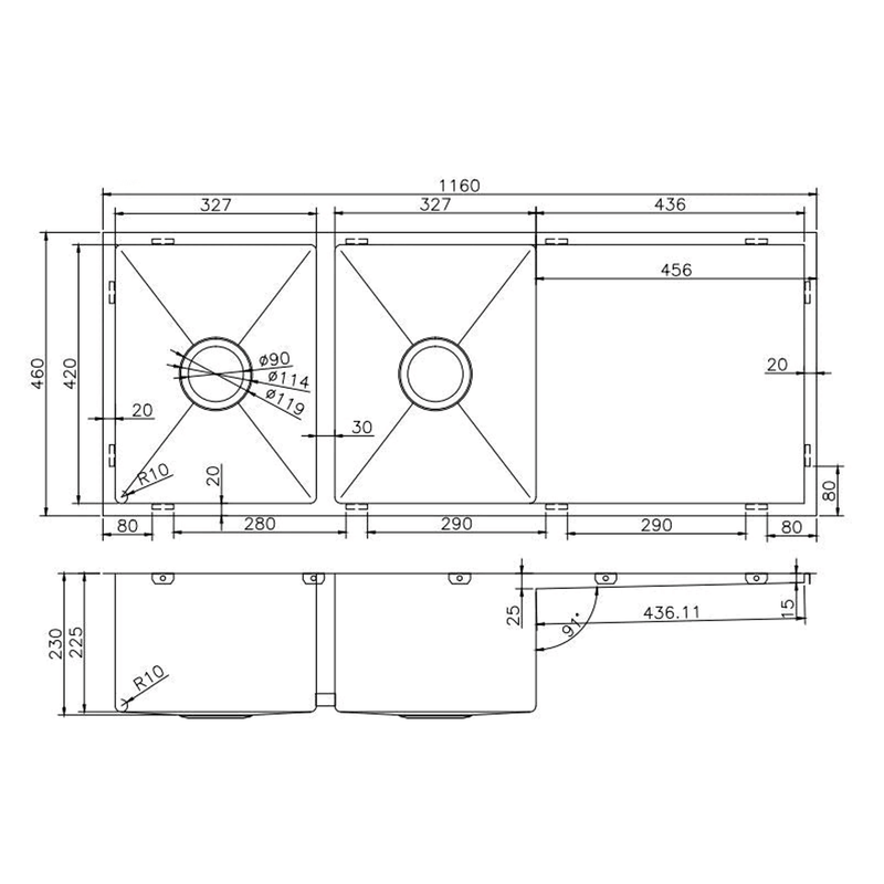 Argo Double Stainless Steel Sink 1160x460x230mm