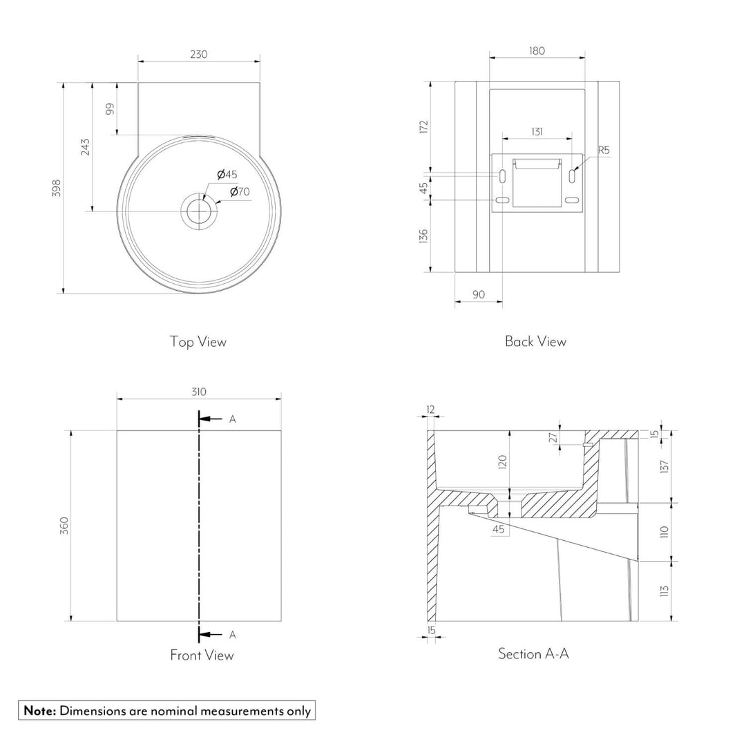 Atelis Cylinder Wall Hung Concrete Basin 310mm