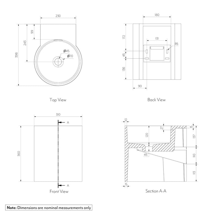 Atelis Cylinder Wall Hung Concrete Basin 310mm