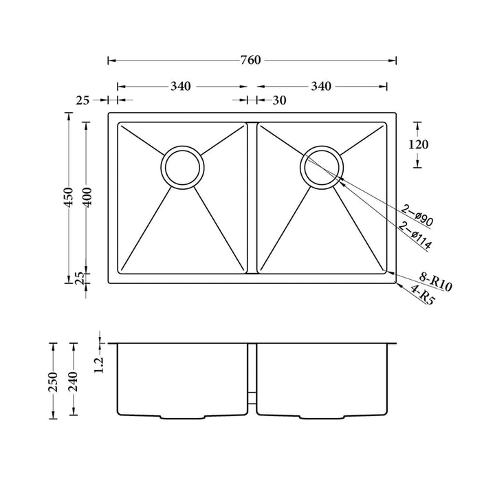 Atlas Double Bowl Stainless Steel Sink 760x450x250mm