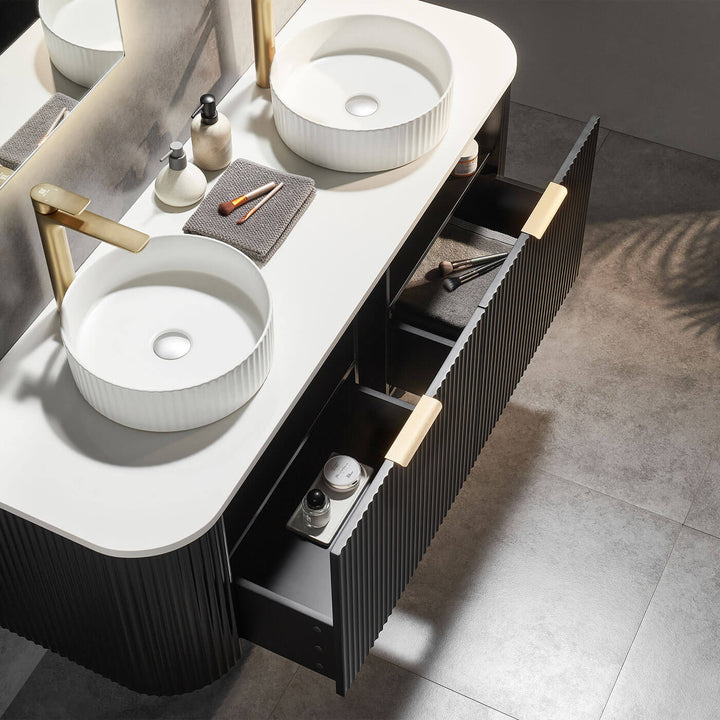 Avalon Fluted Matte Black Curved Wall Hung Vanity (600-1800mm)