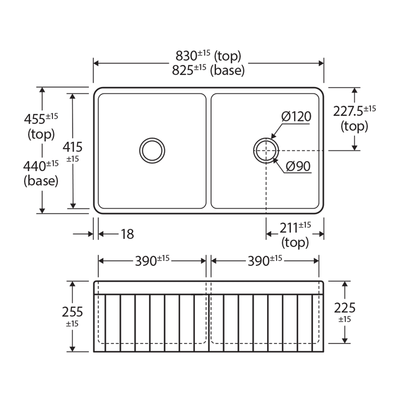 Benson Double Butler Farmhouse Sink 830x455x255mm