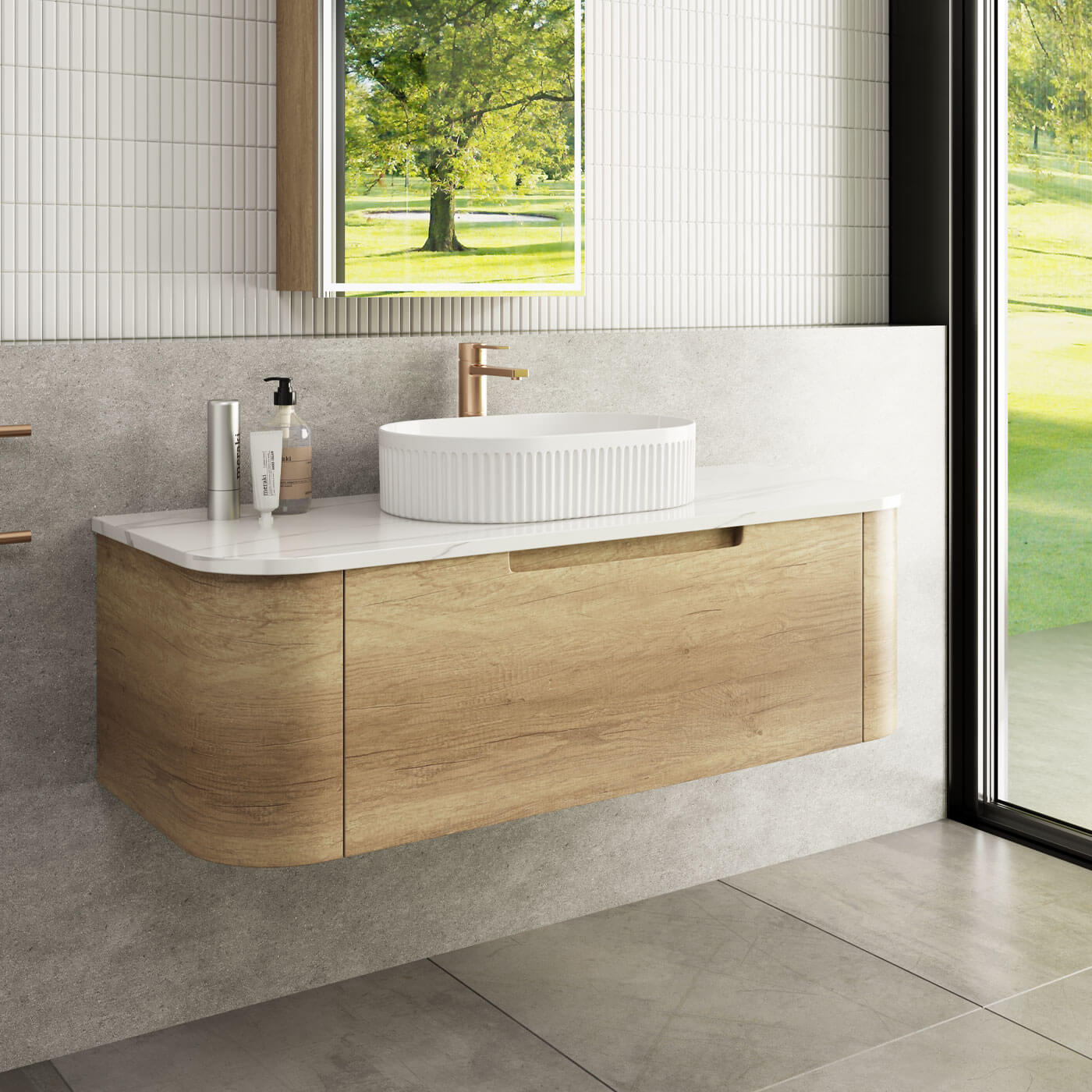 Timber Vanity Rounded Carita Curved Timber Grain Wall Hung Vanity – Sunlight Bathrooms