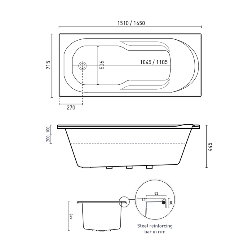 Adatto Contour Inset Spa Bathtub 1510-1650mm