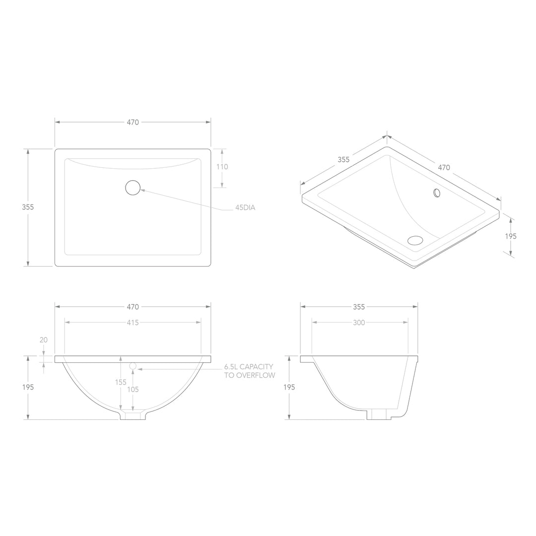 Dish Undermount Rectangular Ceramic Basin 465x350mm