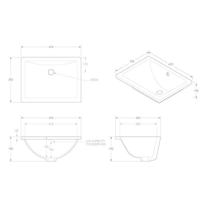 Dish Undermount Rectangular Ceramic Basin 465x350mm