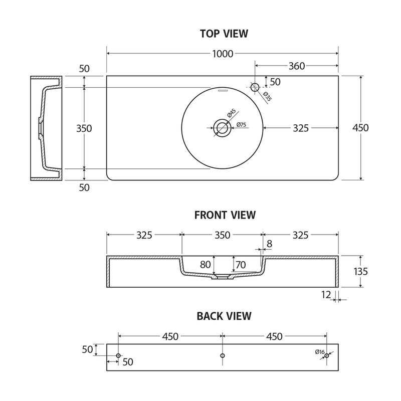 Encanto Slimline Cast Stone Wall Hung Basin 1000mm