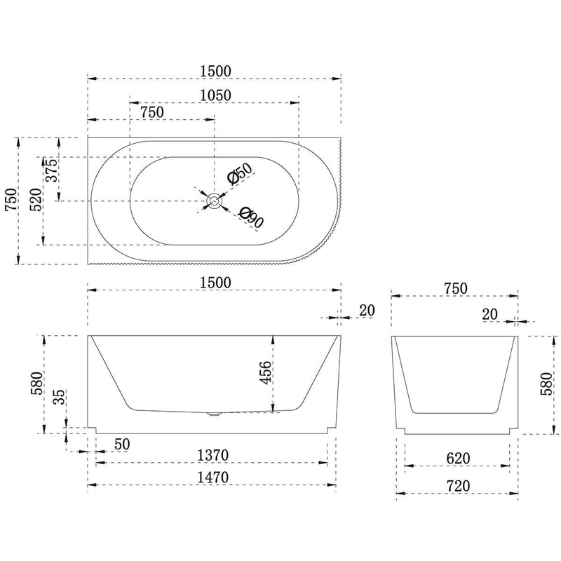 Enflair Fluted Groove Corner Bathtub 1500-1700mm