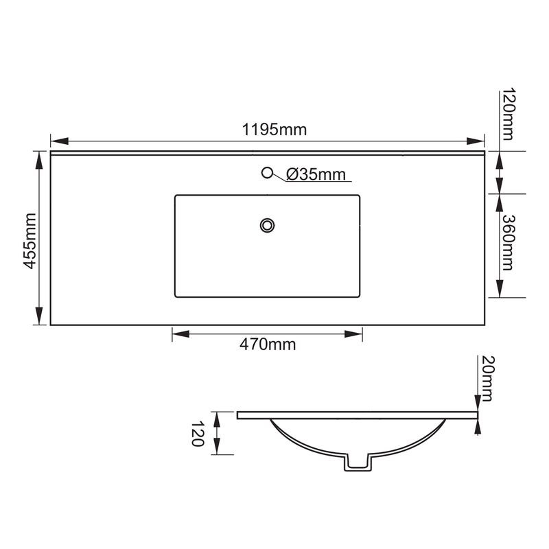 Eva Poly Marble Benchtop with Taphole 1200mm