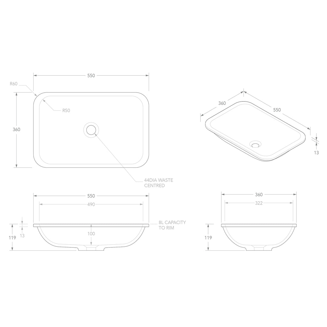 Glory Undermount Solid Surface Basin 545x355mm