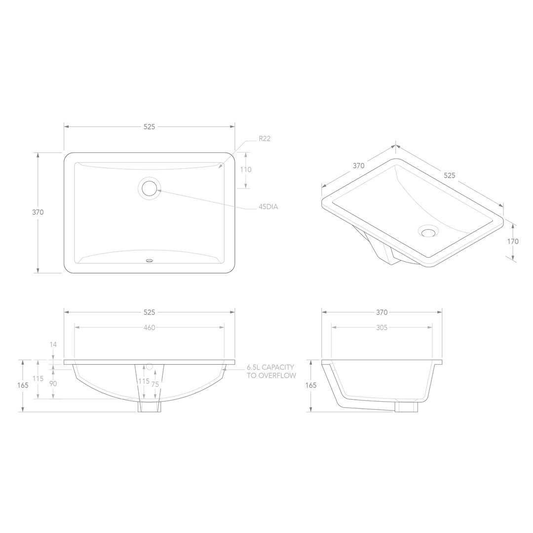 Gravity Undermount Ceramic Basin 525x370mm