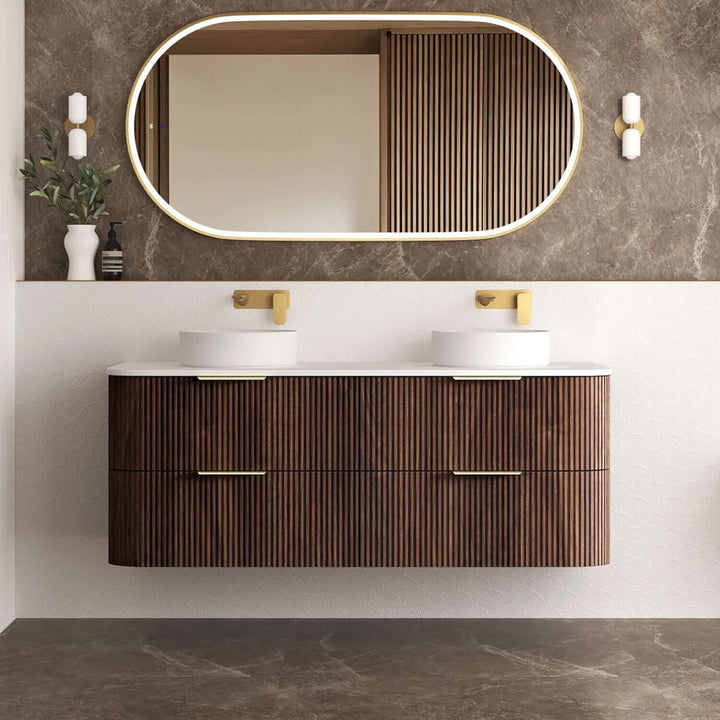 Havana Walnut Fluted Curved Wall Hung Vanity