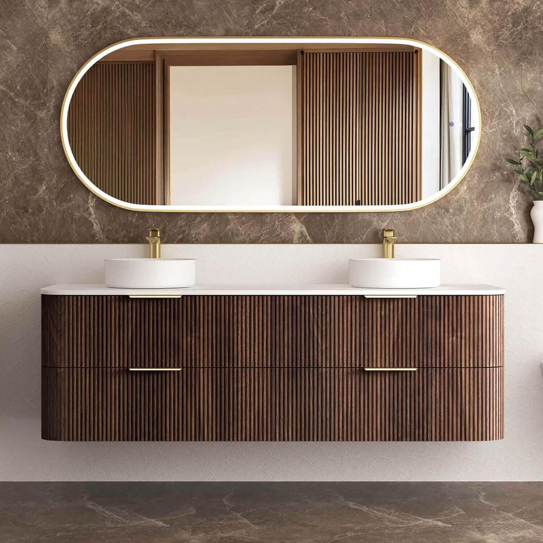 Havana Walnut Fluted Curved Wall Hung Vanity