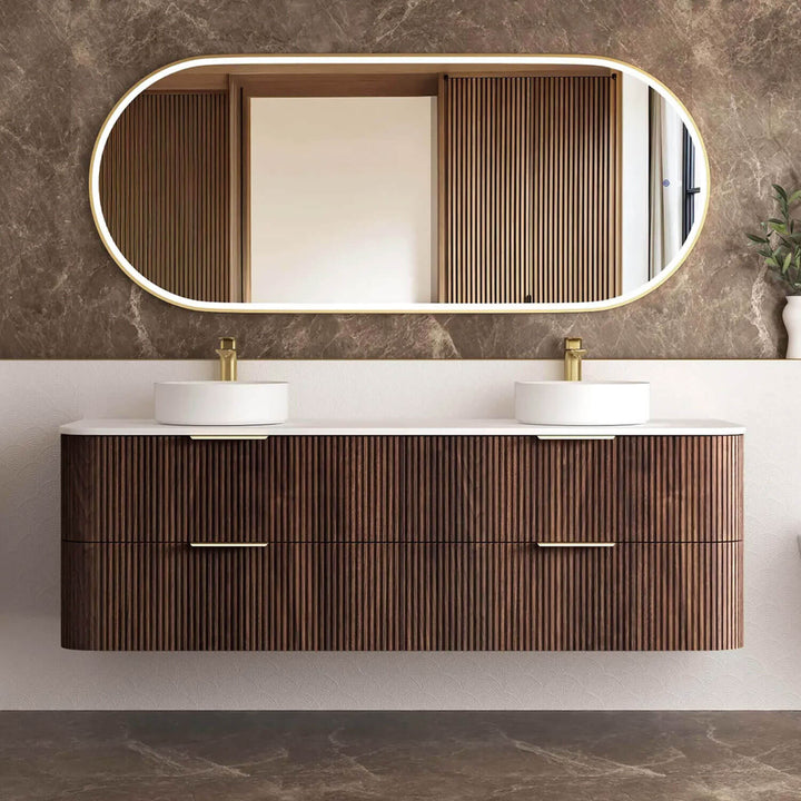 Havana Walnut Fluted Curved Wall Hung Vanity