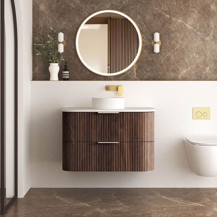 Havana Walnut Fluted Curved Wall Hung Vanity