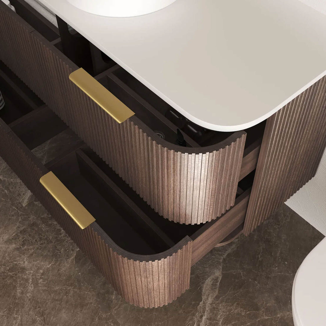 Havana Walnut Fluted Curved Wall Hung Vanity