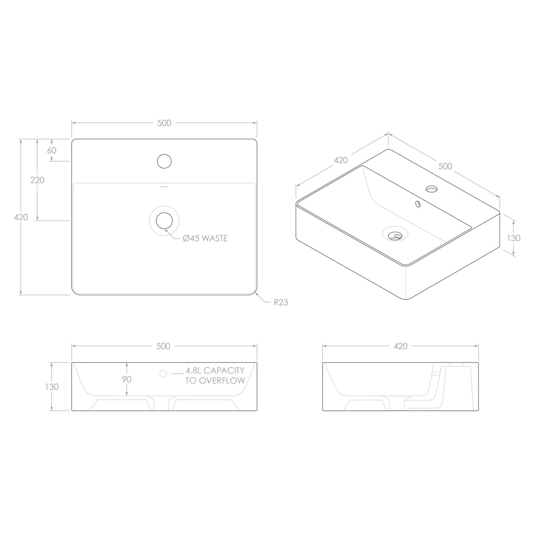 Jack Rectangular Ceramic Basin 500x420mm