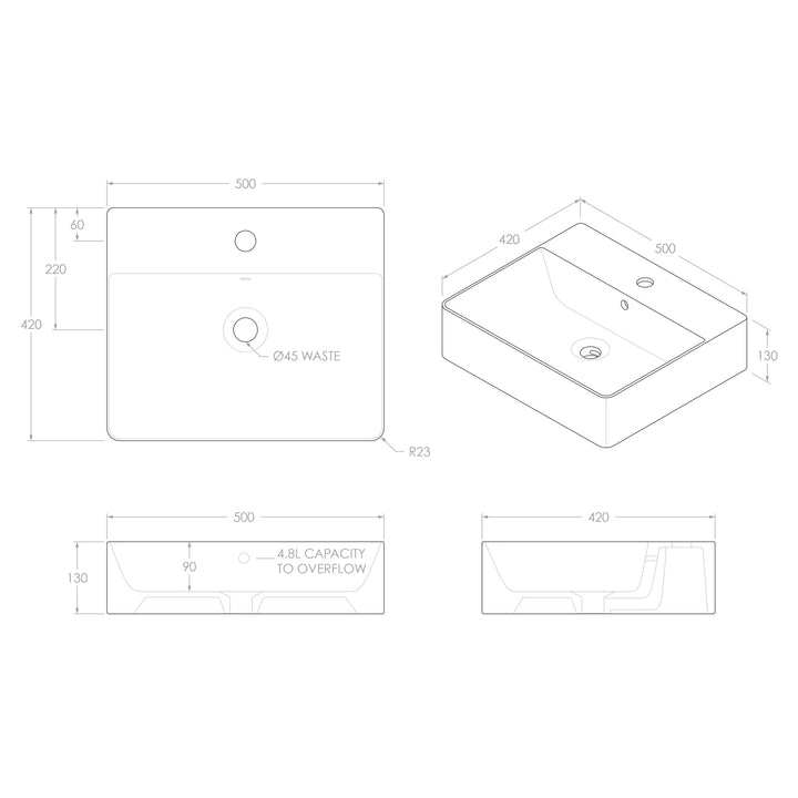Jack Rectangular Ceramic Basin 500x420mm