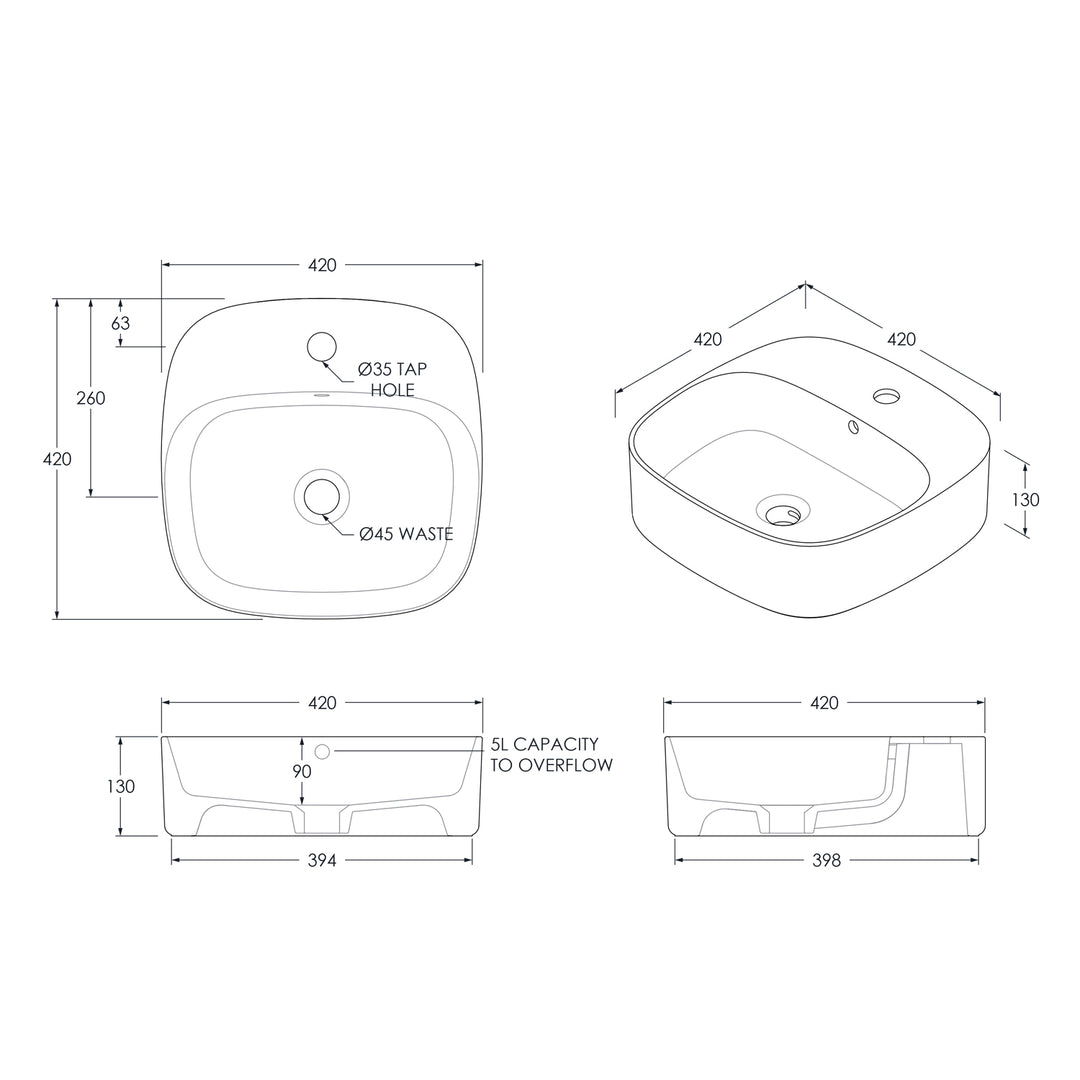 Jill Square Tap Hole Ceramic Basin 420mm