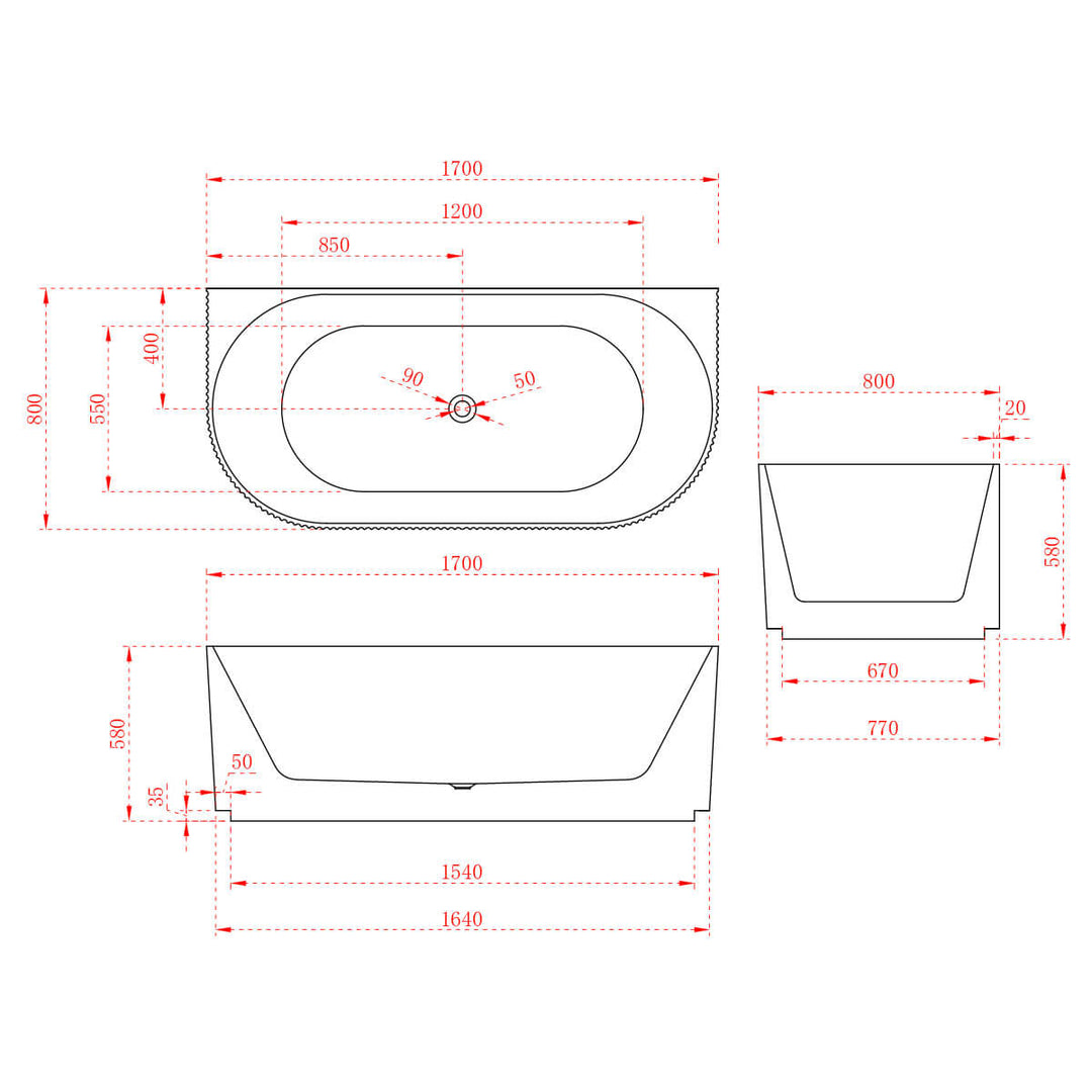 Kira Back-To-Wall Ribbed Freestanding Bathtub 1500-1700mm