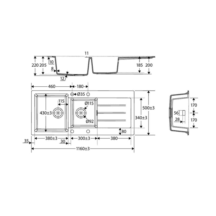 Kuro Granite Double Bowl Sink with Drainer 1160x500mm