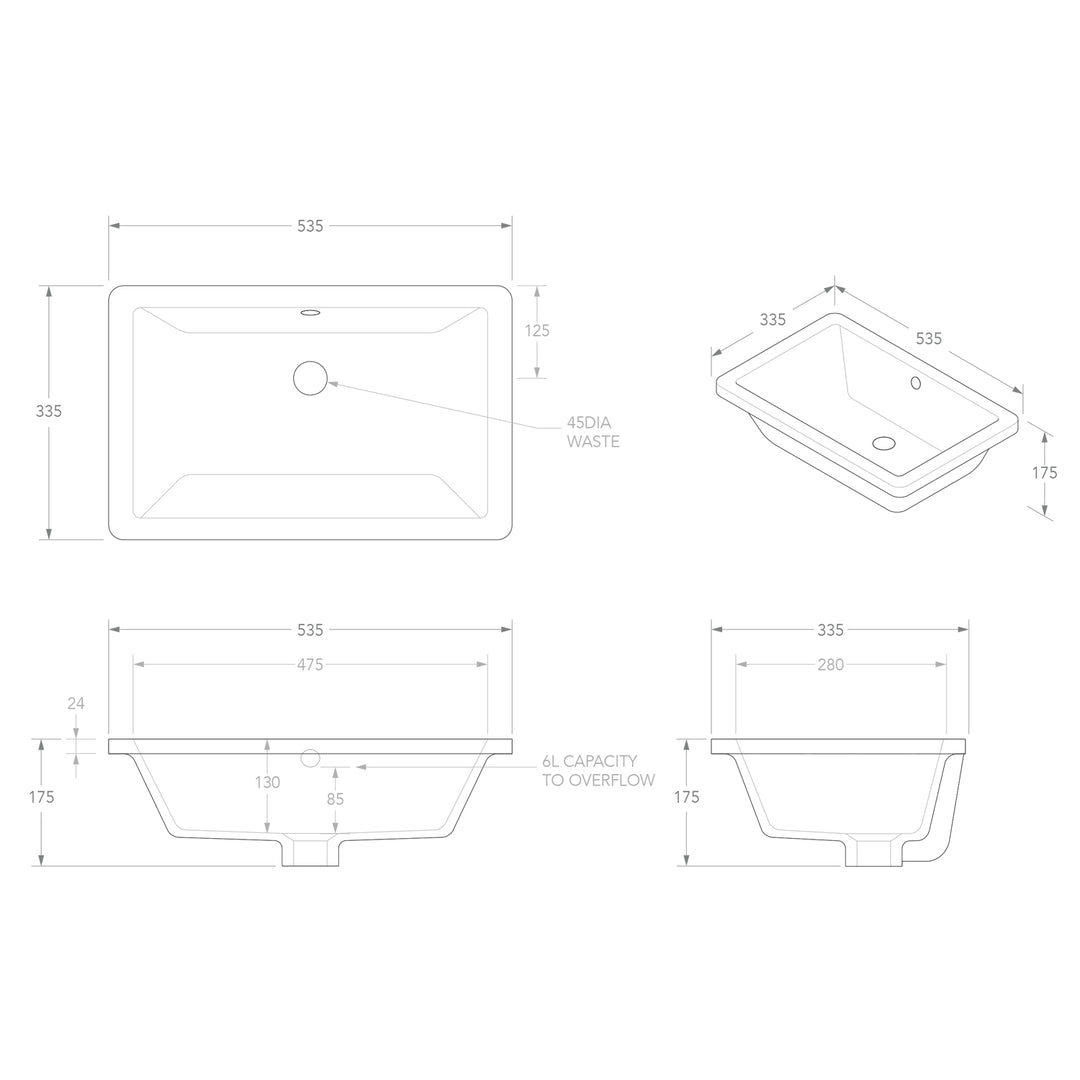 Link Undermount Rectangular Ceramic Basin 540x335mm