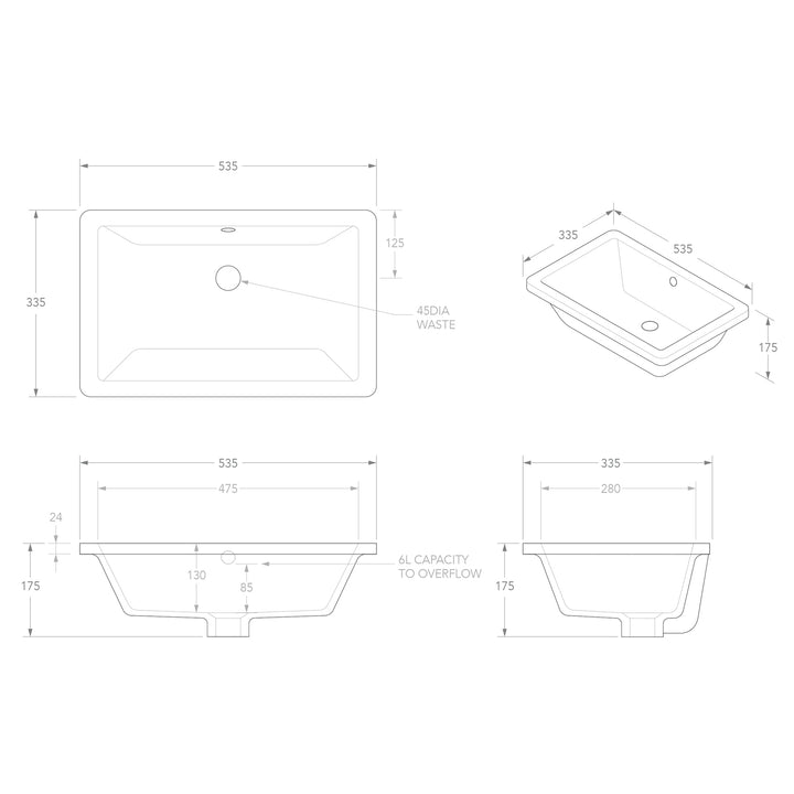 Link Undermount Rectangular Ceramic Basin 540x335mm